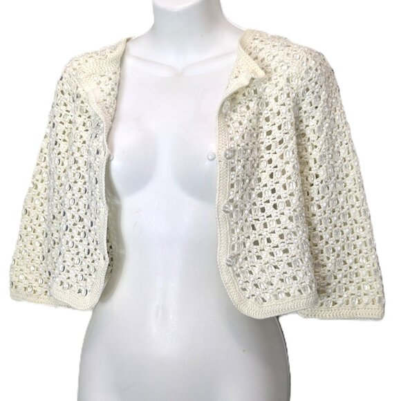 Crochet Cardigan Sweater Shrug Beaded Ivory Party Size XS Cropped Cynthia Steffe - Picture 4 of 16